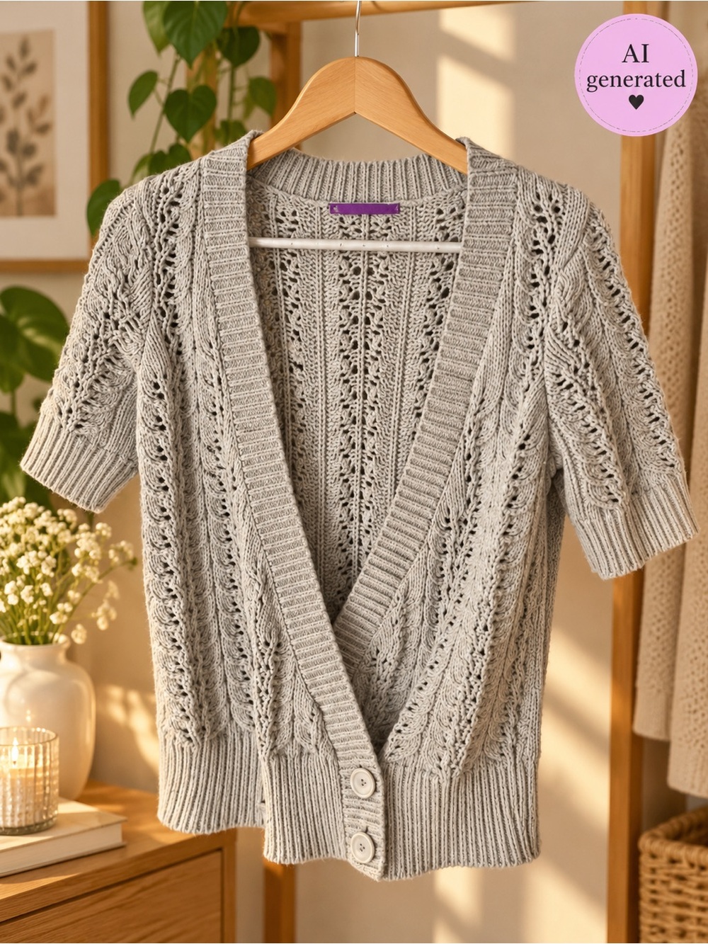 Gray Cropped Open-Knit Button Cardigan Sweater
